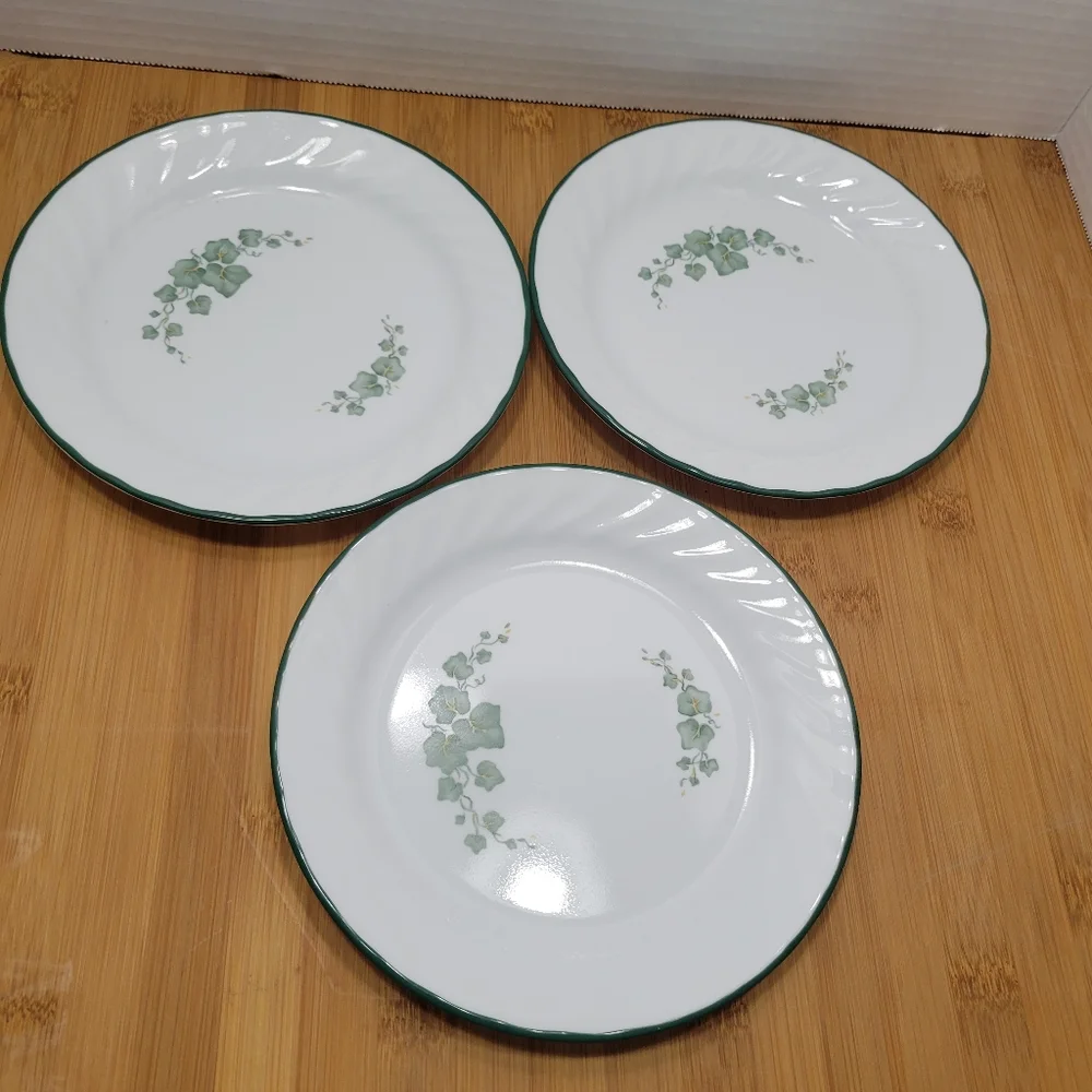 3 Piece Corelle Callaway Dinner Plates Green Ivy Edge Rim White Swirl Plates